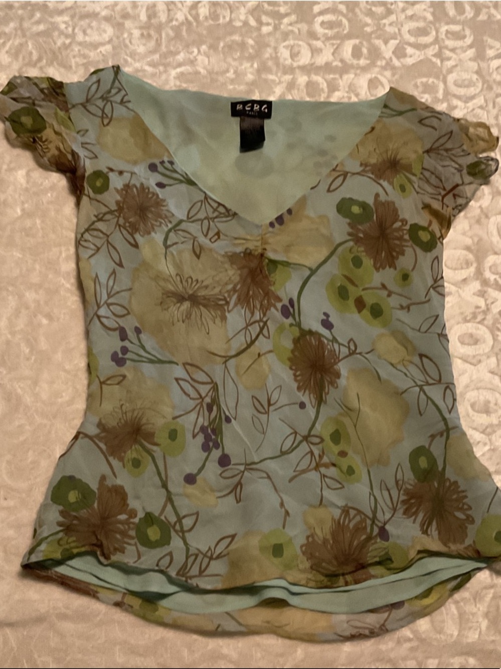 BCBGMaxAzria Mint Floral V-Neck Sheer Blouse